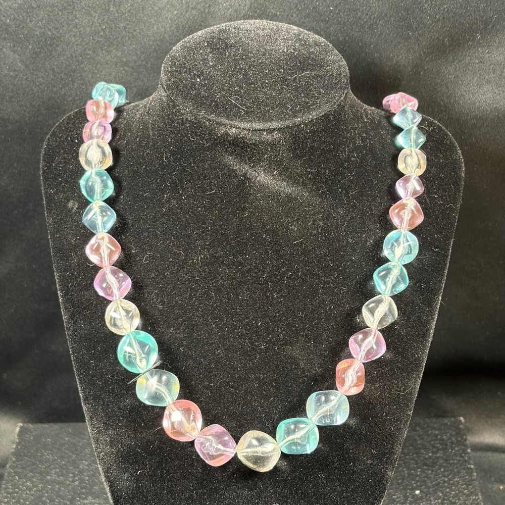 Vintage Hong Kong Art Glass Bead Necklace Pink Aqua Clear Tumbled 24 Inch
